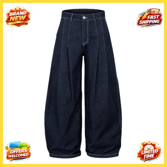 Denim - Vintage Washed Denim Barrel Jeans Baggy Wide Leg High Waisted Streetwear